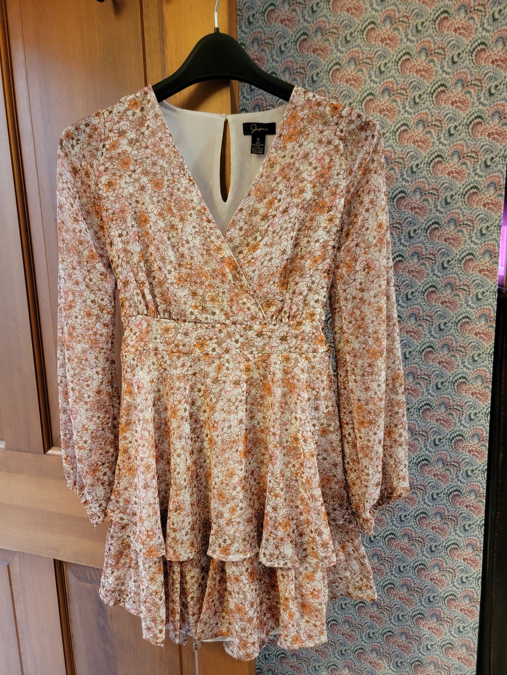 Japna | Floral V-Neck Tiered Ruffle Mini Dress Long Sleeve Tie Back Size Small